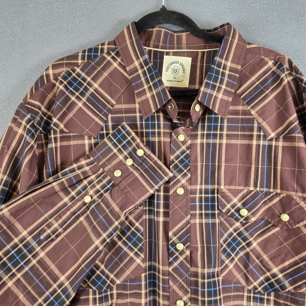 Dubinik Men Brown Plaid Western Pearl Snap Shirt 3XL Long Sleeve Casual Cotton